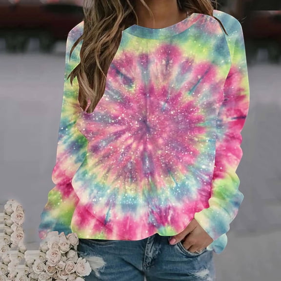 Royisotas Women Sweatshirts Tie Dye Long Sleeve Fall Pullover Crew Neck Trendy Casual Loose Fit No Hood Tops