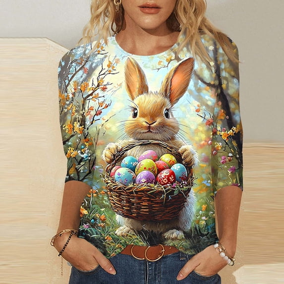 Royisotas Women's Easter Shirts Easter Bunny Printed T Shirts Funny Rabbit Easter Graphic Tee Happy Easter Holiday Top