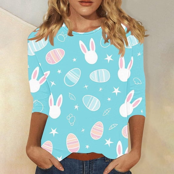 Royisotas Women's Happy Easter Shirt 3/4 Sleeve Funny Tops Rabbit Graphic Eggs Print Tee T-Shirts Easter Day Gifts