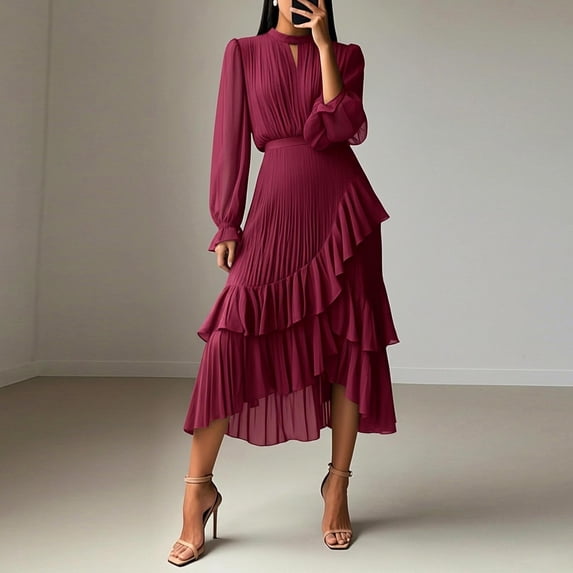 Royisotas Women's Midi Long Sleeve Dress Crewneck Ruffle Flowy Party Wedding Guest Dress