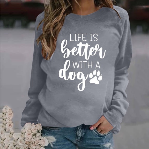 Royisotas Women's Sweatshirts Letter Print Long Sleeve Raglan Fall Pullover Gray Loose Fit Casual Crew Neck No Hood Blouse