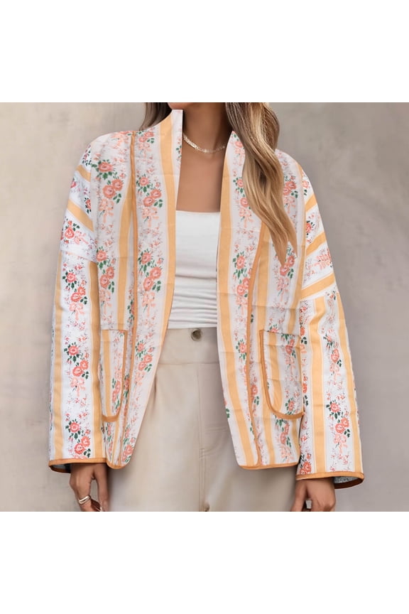 Womens Cardigans Loose Fit Quilted Tops with Pockets Cardigan Casual Long Sleeve Winter Jackets for Ladies Floral