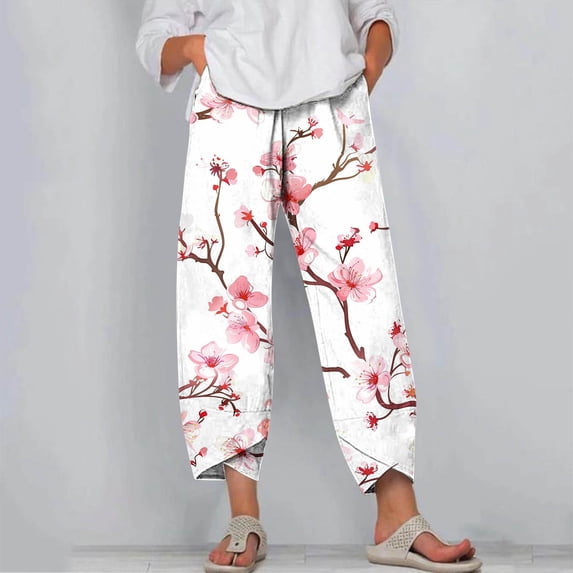 Royisotas Womens Casual Linen Capri Pants Elastic Waist Drawstring Trousers with Pockets Summer Beach Floral Pants