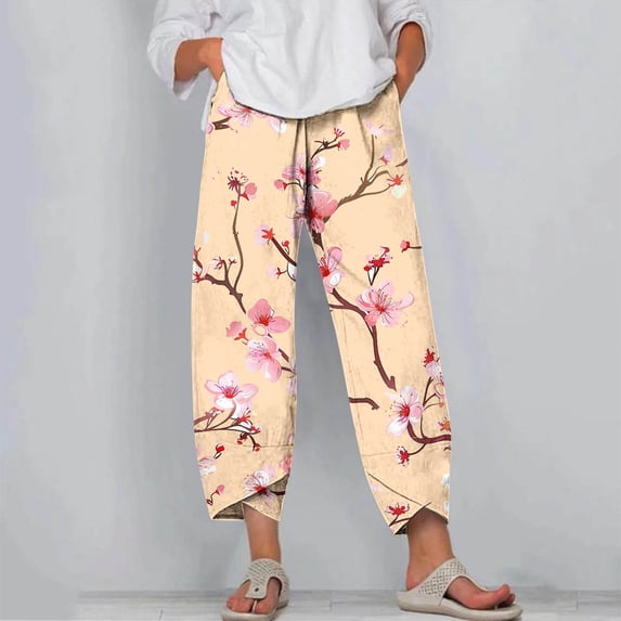Royisotas Womens Casual Linen Capri Pants Elastic Waist Drawstring Trousers with Pockets Summer Beach Floral Pants