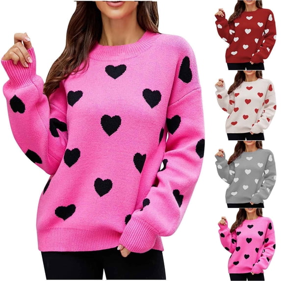 Royisotas Womens Casual Sweaters Heart Print Knitted Sweaters Pullover Long Sleeve Warm Tops for Women Valentine's Day