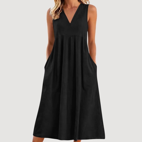 Royisotas Womens Dress Pocket Sleeveless Soft Solid Washed Summer Casual Womens Linen-like Midi Dress