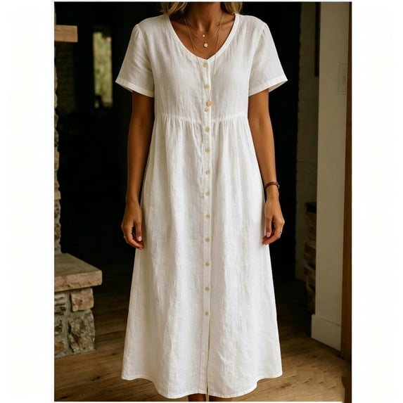 Royisotas Womens Dresses Button front Long dress Cotton linen Short sleeve Maxi Casual Dress for Women