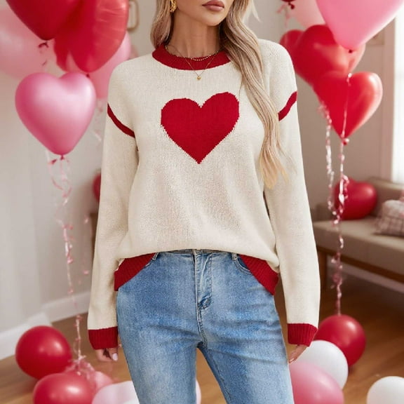 Royisotas Womens Dressy Sweaters Heart Print Pullover Sweaters Knitted Valentine's Day Crewneck Lightweight Tops for Women