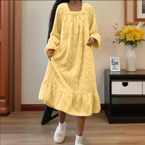 Royisotas Womens Flannel Nightgowns Long Sleeve Nightshirts Midi Crewneck Loungewear Plus Size SleepShirts for Ladies Solid Color