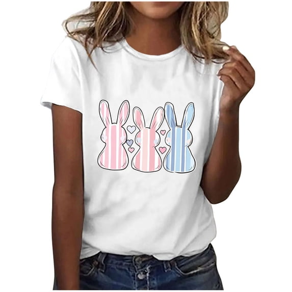 Royisotas Womens Happy Easter Day Shirt Funny Bunny Eggs Graphic Short Sleeve Tee Spring Summer Casual Christian Tops