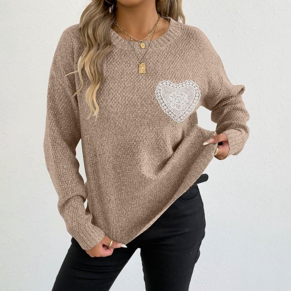 Royisotas Womens Heart Print Sweaters Pullover Cardigan Knitted Warm Crewneck Oversized Tops for Ladies Casual