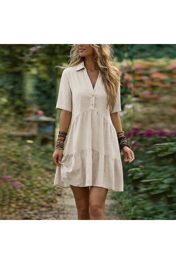 Womens Lapel Dresses Solid Spring Summer Mini Casual Button Short Sleeve Womens Cotton Linen Linen Dress