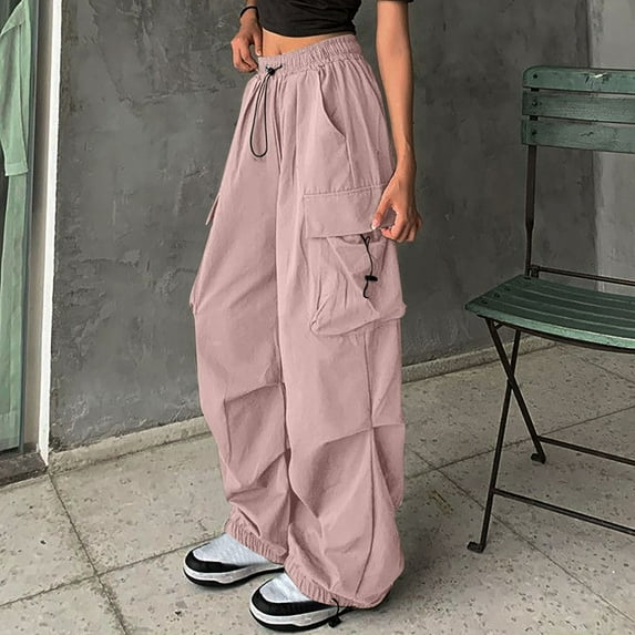Royisotas Womens Pants Casual Wide Leg Cotton Summer Cargo Pants Elastic Waist Bandage