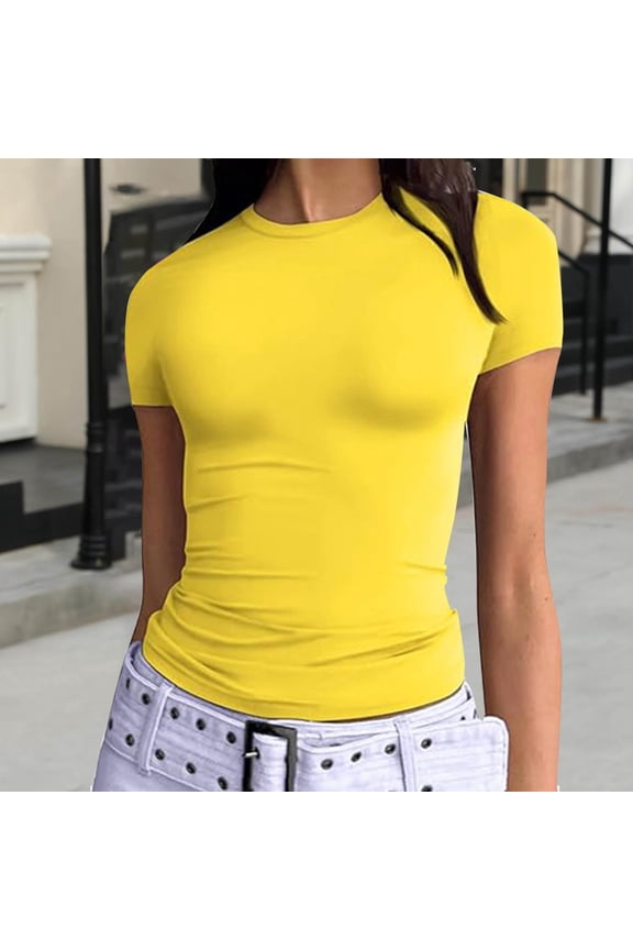 Womens Plus Size Summer Tops Slim Solid Color Short Sleeve Yellow Crew Neck Workout Womens Shirts