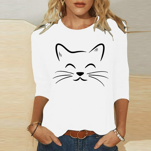 Royisotas Womens Plus Size Tops 3/4 Sleeve White Summer Casual Womens Shirts Print Crew Neck T Shirts for Women