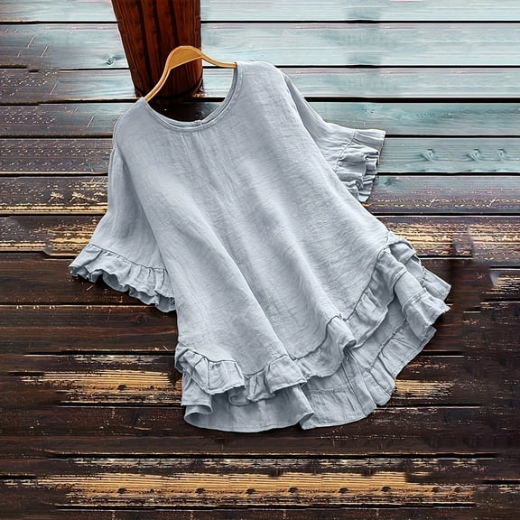 Royisotas Womens Plus Tops Gray Summer Short Sleeve Casual Shirts Ruffled Solid Color Crew Neck Tshirts Shirts