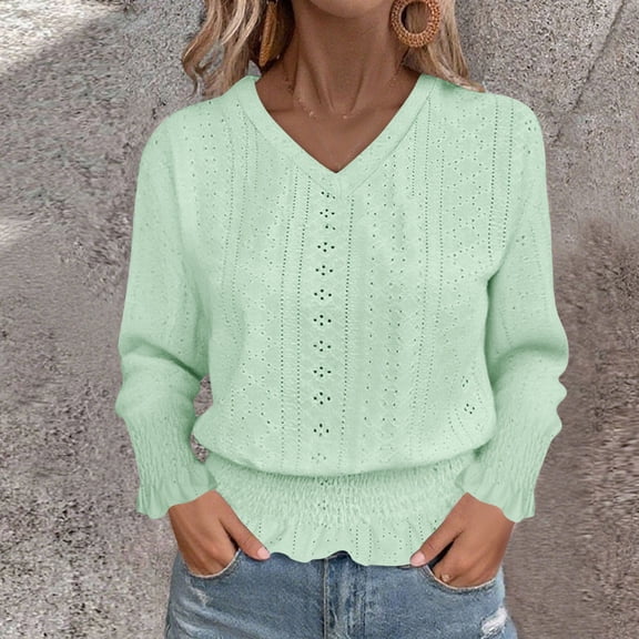 Royisotas Womens Puff Blouses Dressy Shirts Pullover Long Sleeve Solid Color V Neck Tops for Women Fashion