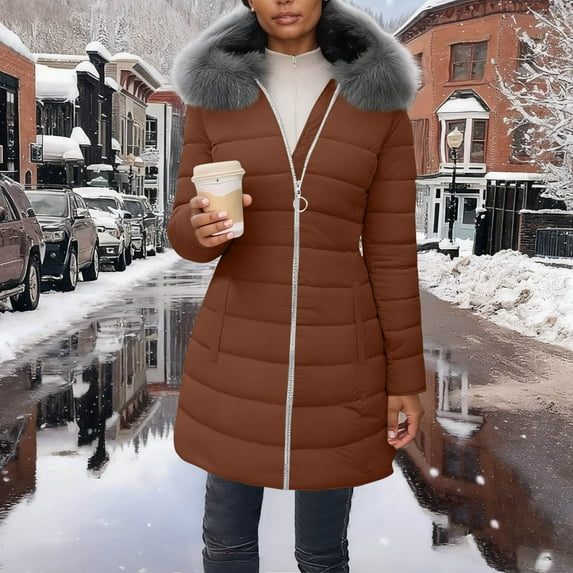 Royisotas Womens Puffer Jackets,Coats for Women,Plus Size Warm Zipper Long Sleeve Detachable Outerwear Fleece Oversized with Hood,Brown,Cotton,2xl