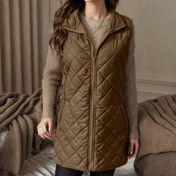 Royisotas Womens Puffer Vest,Jackets for Women,Zip up Pockets Long Coats Lightweight Outdoor Sleeveless,Brown,Cotton,M