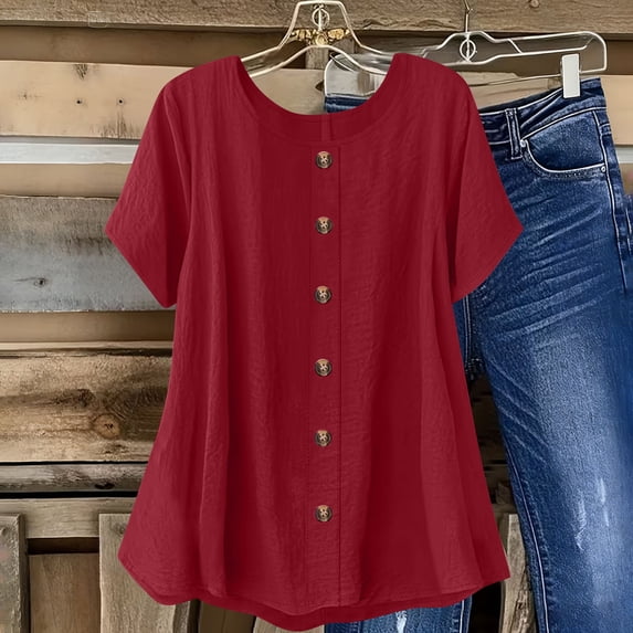 Royisotas Womens Short Sleeve Button T Shirts Summer Fashion Casual Blouses Loose Fit Tops Crew Neck Tunic