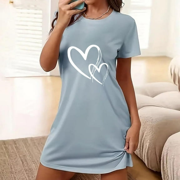Royisotas Womens Short Sleeve Nightgowns Plus Size Sleepshirts Blue Crewneck Nightshirts for Ladies Comfortable