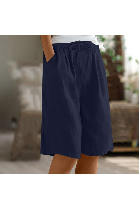 Womens Shorts Summer Cotton Linen Loose Casual Bermuda Shorts Pocket Wide Leg Elastic Waist Solid Color Shorts