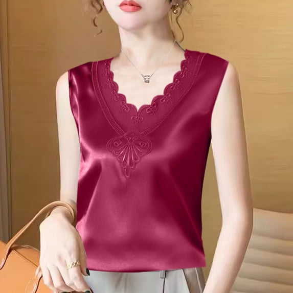 Royisotas Womens Silk Tank Tops Casual Cami Plus Size Comfy Lace Shirts for Women Lace
