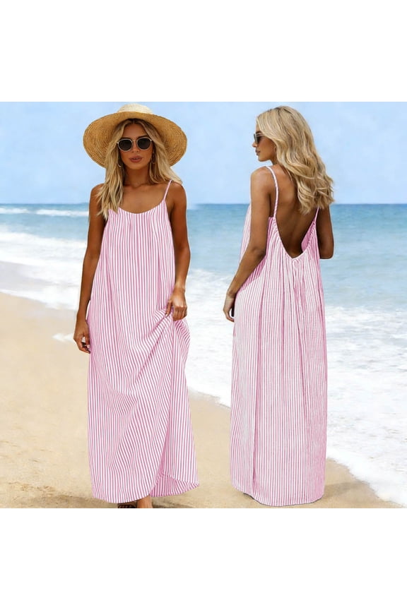 Womens Sleeveless Dress Open back Linen-like Striped Beach Summer Casual Maxi Dress for Women Spaghetti strap
