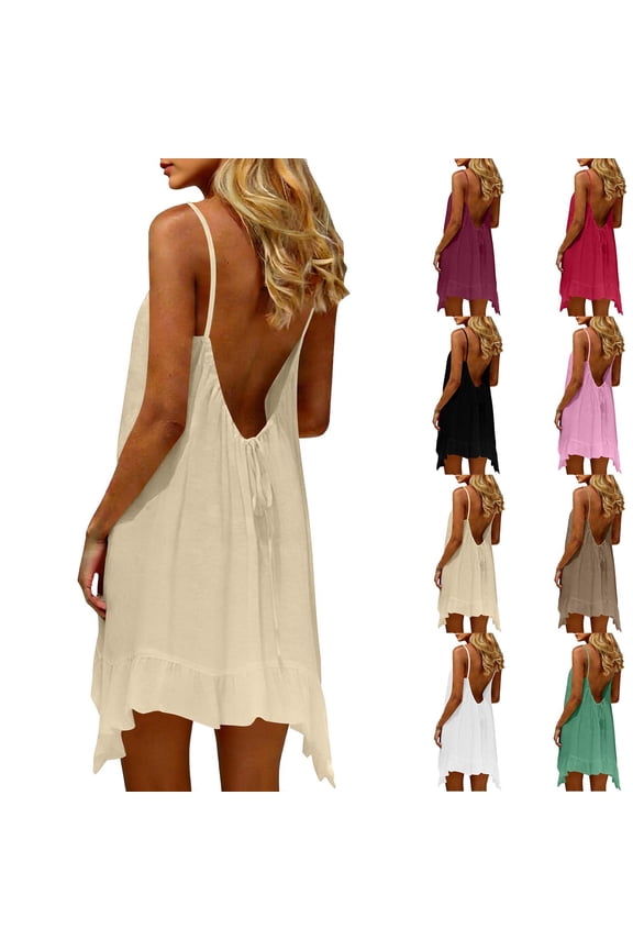Womens Solid Dress Cotton linen Ruffle Open back Spaghetti strap Summer Casual Juniors Soft Maxi Dress