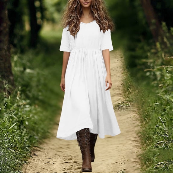 Royisotas Womens Solid Dress Short sleeve Cotton linen Flowy High waisted Summer Casual Ladies Crew neck Maxi Dress