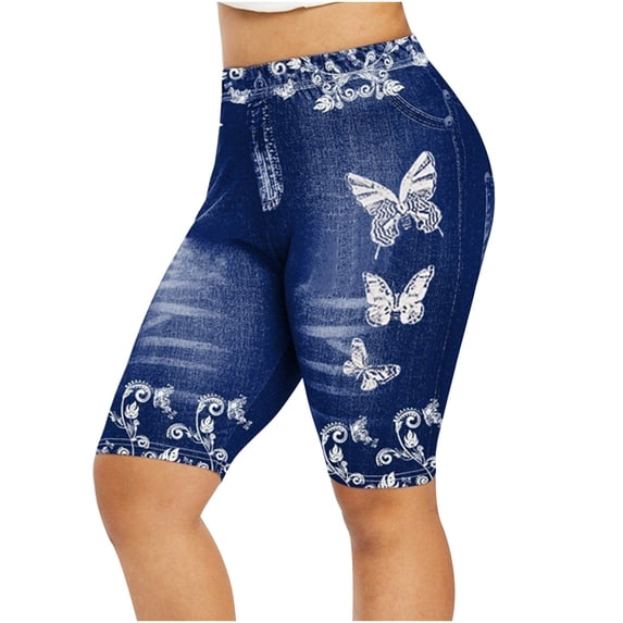 Royisotas Womens Stretchy Bermuda Shorts Fake Denim Leggings High Waist Printed Jeans Jeggings Plus Size Biker Shorts