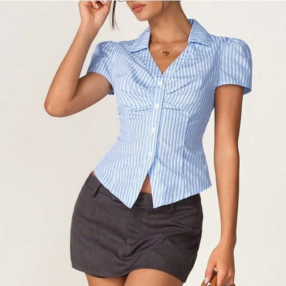Royisotas Womens Striped Shirts Formal Dress Blouses Trendy Button Down V Neck Striped Tops for Ladies Short Sleeve