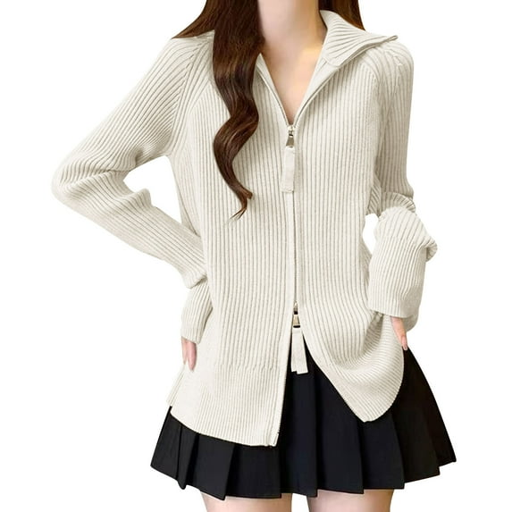 Royisotas Womens Sweaters Cardigan Zipper Coat Knitted Winter Solid Color White Long Sleeve Loose Tops for Women