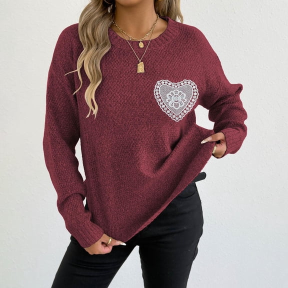 Royisotas Womens Sweaters Oversized Heart Print Cardigan Cozy Crewneck Long Sleeve Pullover Tops for Women Warm
