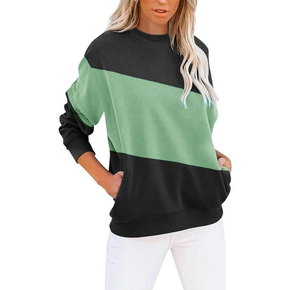 Royisotas Womens Sweatshirts Color Block Winter Long Sleeve Pullover Side Pockets Casual Trendy Green Crew Neck No Hood Tops