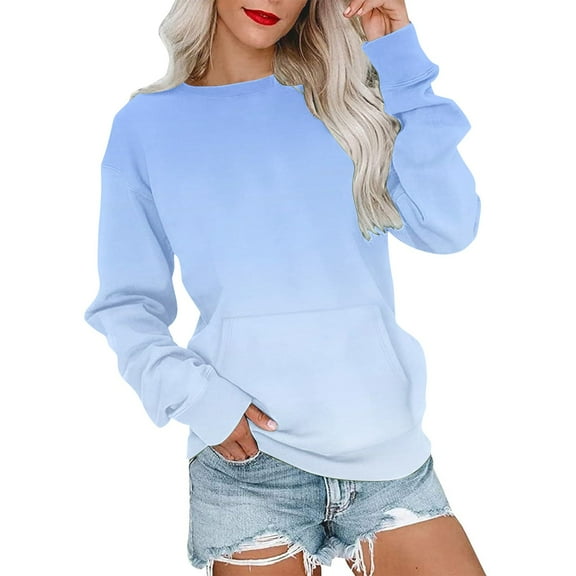 Royisotas Womens Sweatshirts Plus Size Fall and Winter Long Sleeve Gradient Color Pullover with Kangaroo Pocket Trendy Crew Neck Casual No Hood Shirts