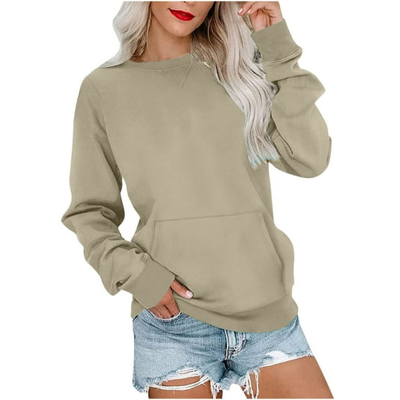Royisotas Womens Sweatshirts Plus Size Long Sleeve Solid Tunic Winter Pullover Crew Neck Casual with Kangaroo Pocket Khaki No Hood Tops