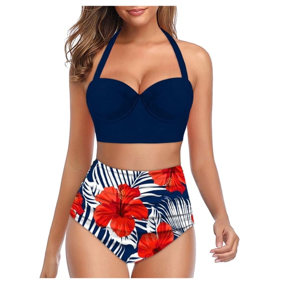 Royisotas Swimsuits for Women Plus Size Floral Print Swimwear Two Piece Summer Bikini Push Up Tummy Control Womens Bathing Suits