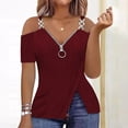 thumbnail image 1 of Royisotas Womens T Shirts Trendy Tunic Blouses Zipper Loose V Neck Fashion Short Sleeve T Shirts for Women off Shoulder, 1 of 6