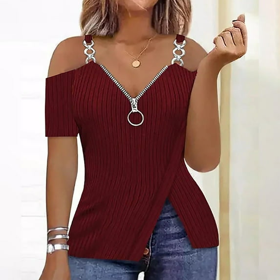 Royisotas Womens T Shirts Trendy Tunic Blouses Zipper Loose V Neck Fashion Short Sleeve T Shirts for Women off Shoulder
