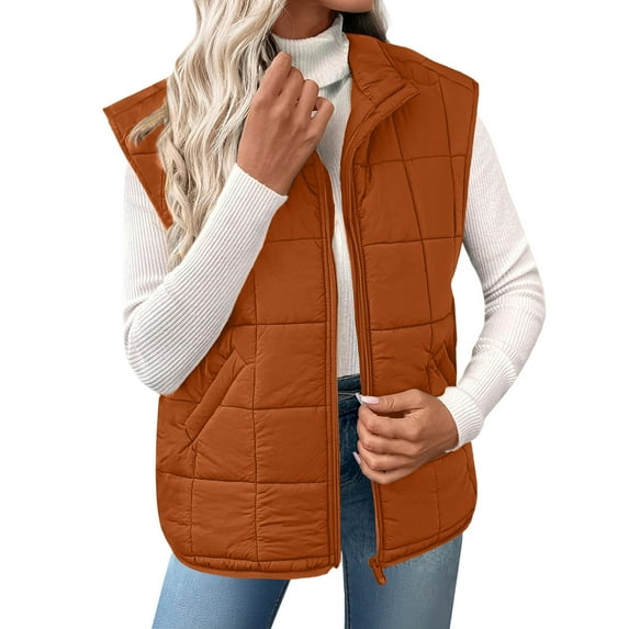 Royisotas Womens Vests Quilted Jacket Lightweight Warm Zip Up Sleeveless Orange Jackets for Women Casual