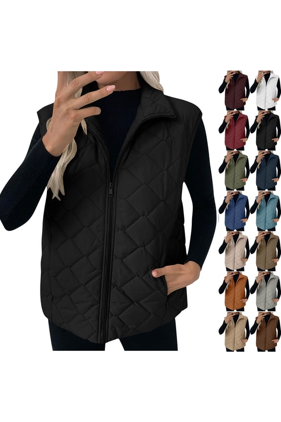 Womens Vests Stand Collar Waistcoat Quilted Lightweight Zipper Khaki Wram Jackets for Women