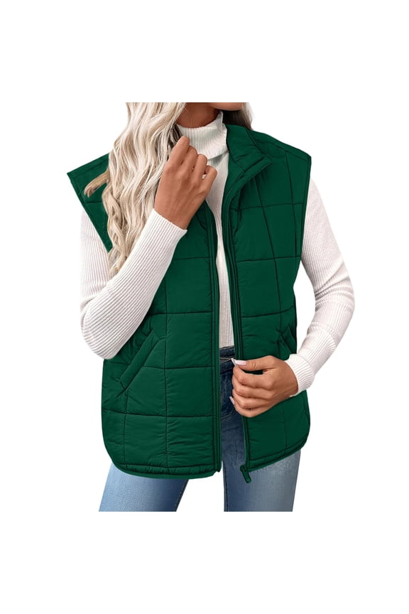 Womens Warm Vests Quilted Waistcoat Lightweight Green Sleeveless Wram Zip Up Jackets for Women