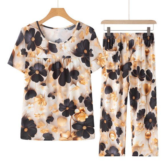Royisotas Womens Winter Pajamas Loose Fit Nightshirts Soft Cotton Loose Fit Print Crewneck SleepShirts for Ladies Short Sleeve