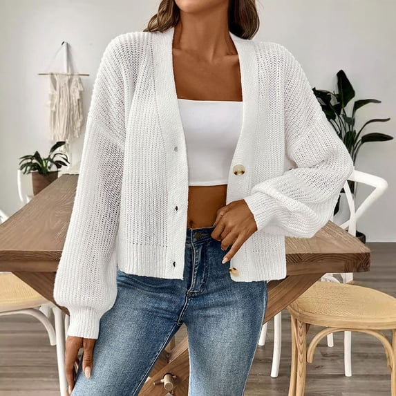 Royisotas Womens Winter Sweaters Button Cardigan Coat Knit Loose Long Sleeve White Lightweight Jackets for Women Solid Color