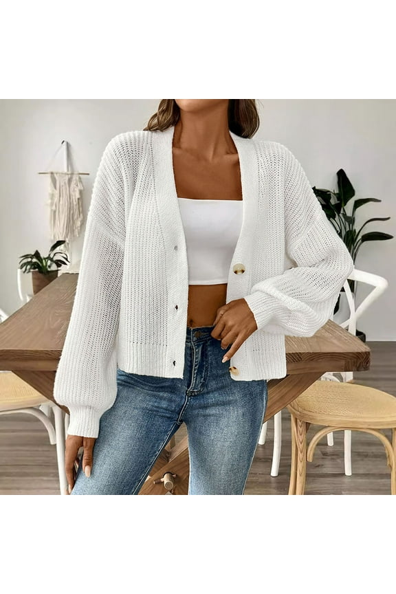 Womens Winter Sweaters Button Cardigan Coat Knit Loose Long Sleeve White Lightweight Jackets for Women Solid Color