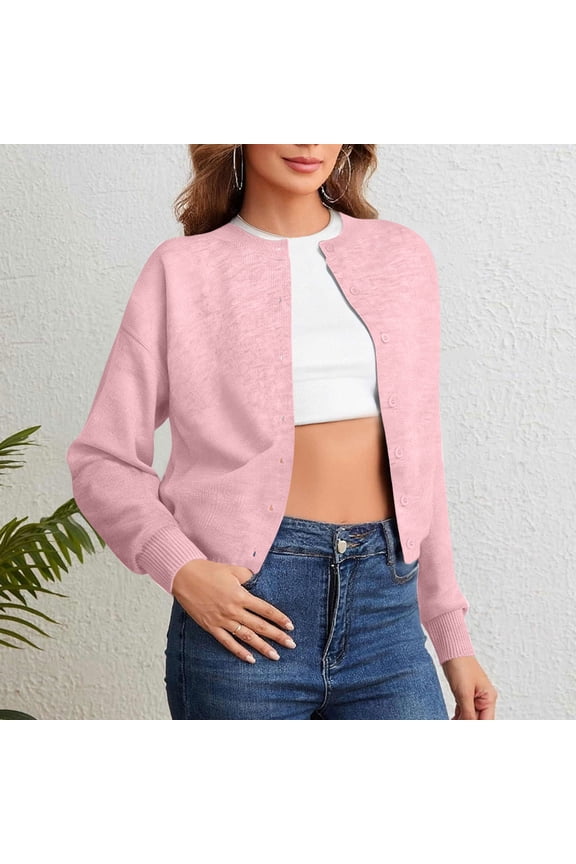 Womens Winter Sweaters Knitted Coat Button Cardigan Loose Fit Pink Long Sleeve Tops for Ladies Lightweight