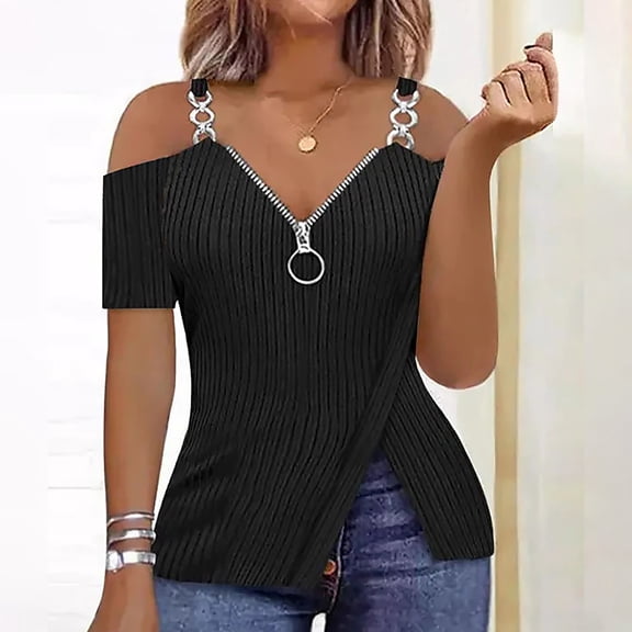 Royisotas Womens Zipper Shirts Loose off Shoulder Blouses Tunic Fashion Short Sleeve Casual off Shoulder T Shirts for Women V Neck