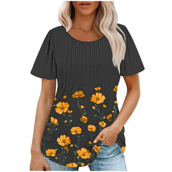 Royisotas Yellow Oversized Tops for Women Short Sleeve Summer Casual Shirts Floral Gaphic Pleated Crew Neck Women Tshirt