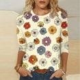 thumbnail image 1 of Royisotas Yellow Tops Women Summer 3/4 Sleeve Casual Floral Graphic Womens Tshirts Loose Crew Neck Shirts Plus Size, 1 of 5